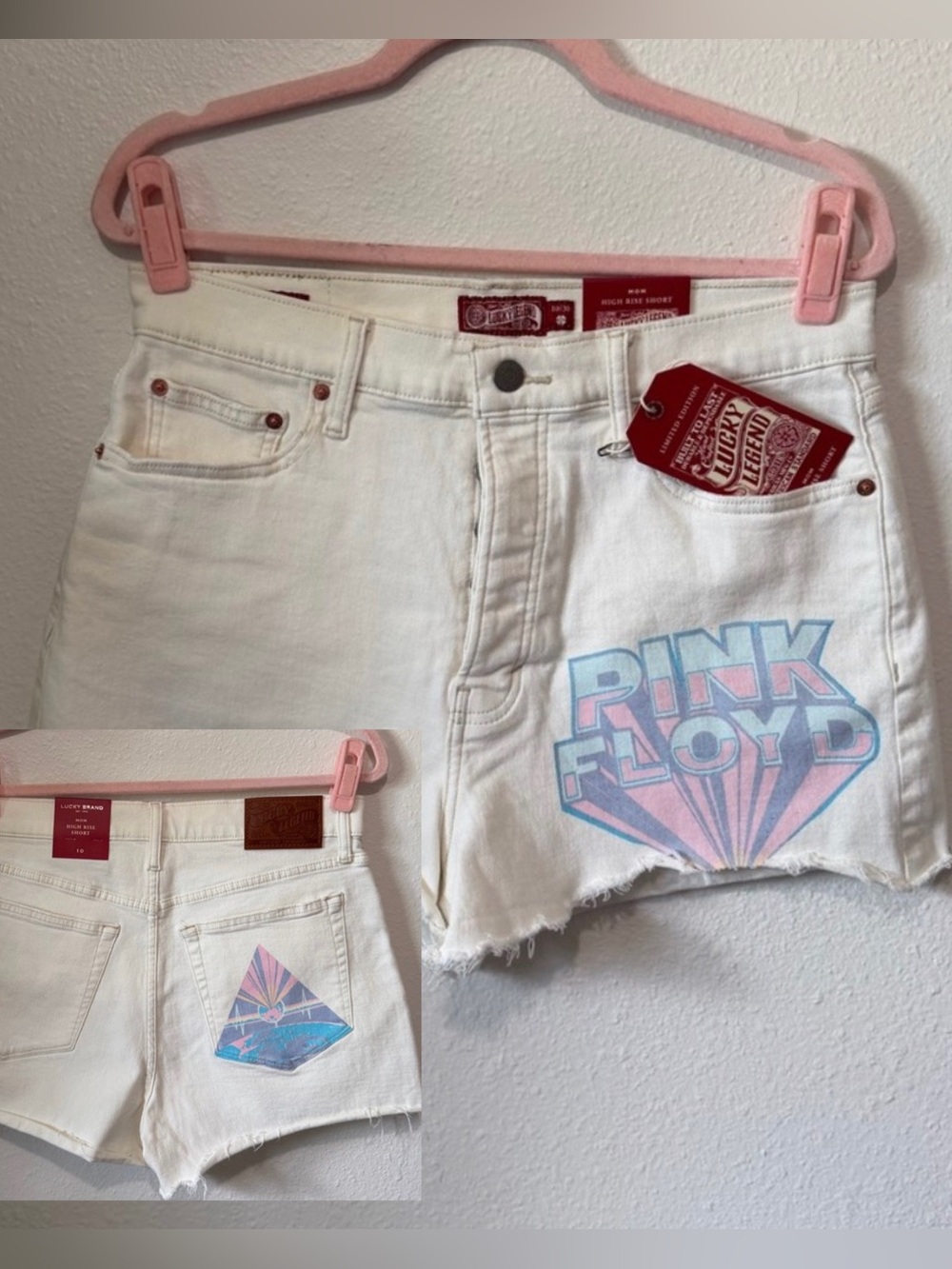NWT Lucky Brand Legend Pink Floyd Dark Side of the Moon Mom Short 10 Cream
